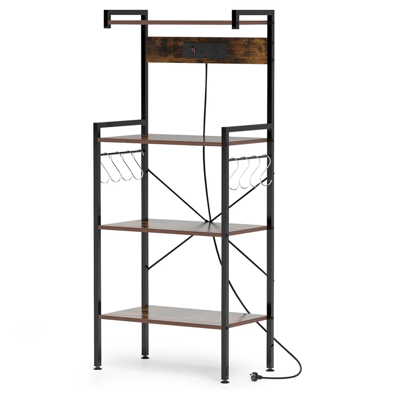 GiantexUK Wooden Kitchen Baker’s Rack, 4-Tier Microwave Stand with Built-in Charging Station, 8 Hooks & Anti-Toppling Device, Metal Frame Storage Rack for Kitchen Dining Room
