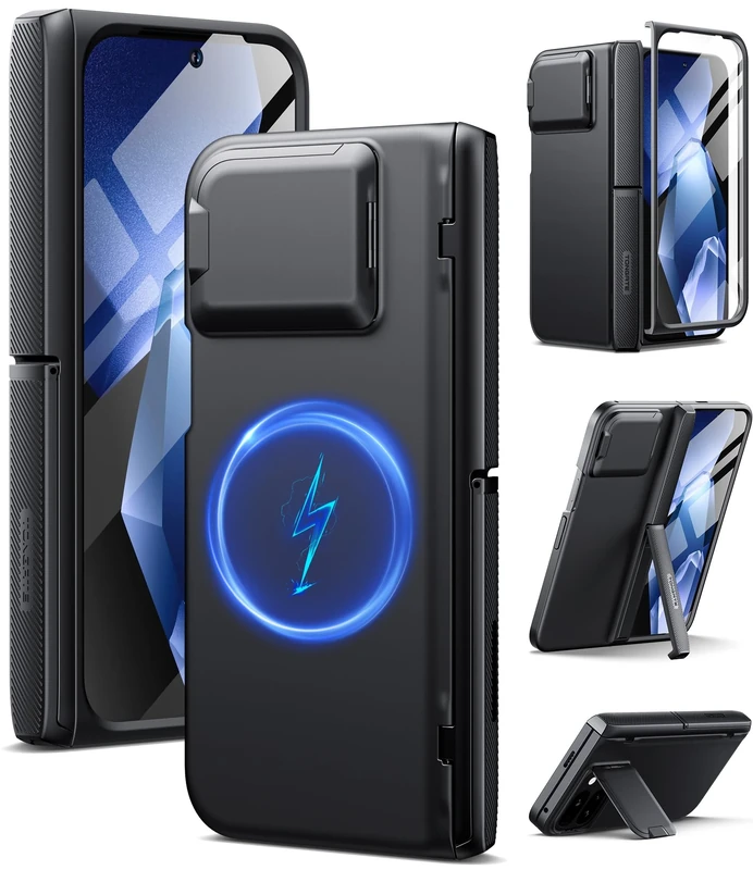 Tongate Magnetic for Pixel 9 Pro Fold Case Compatible with Magsafe, [with Camera Cover & Hinge Protection & Screen Protector] Shockproof Rugged Stand Case for Google Pixel 9 Pro Fold, Obsidian Black