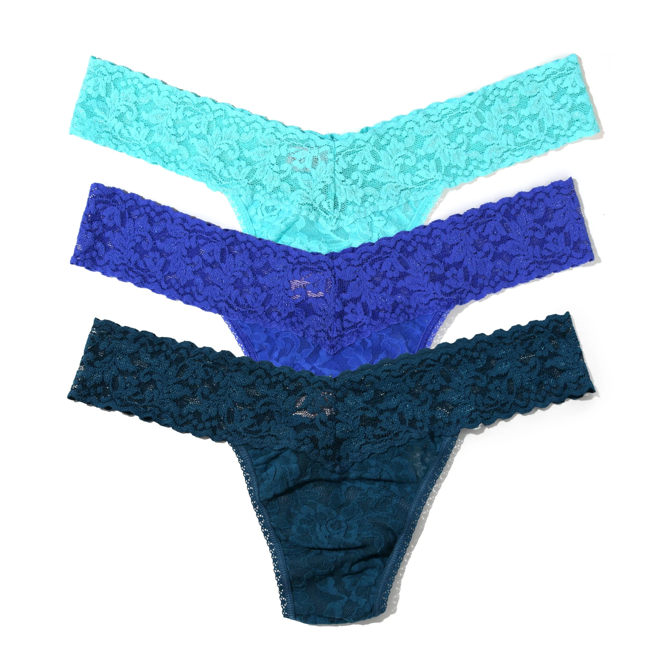 hanky panky - Signature Lace Low Rise Thongs: Summer Edition | One Size 2-12 | Lace Lingerie, Womens Underwear | 3 or 5 pack, Aquatic Blue/Blue Solance/Riviera, One size