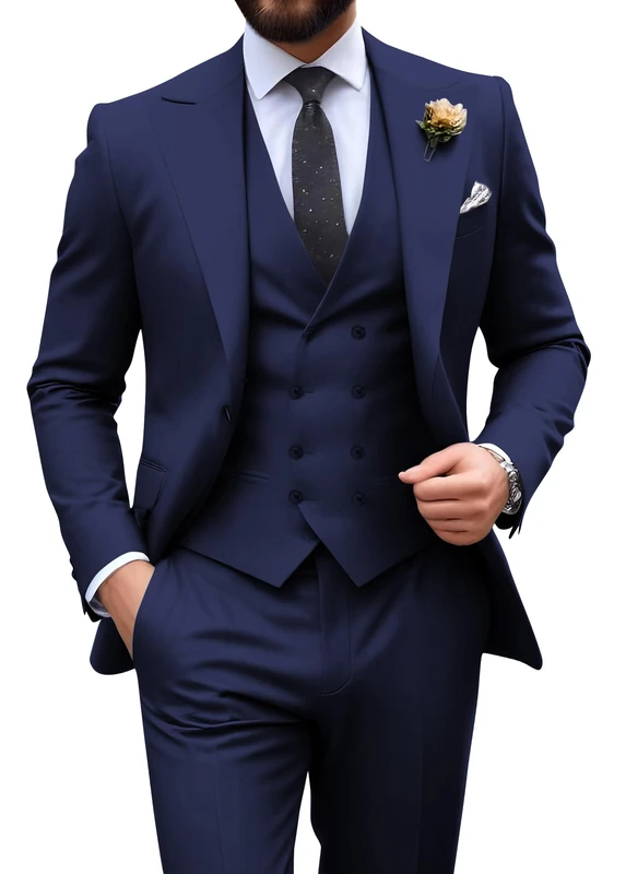 Mens Suit Slim Fit 3 Piece Double Breasted Suit Men Formal Tuxedo Set Casual Wedding Prom Groom Suits, Navy Blue, S