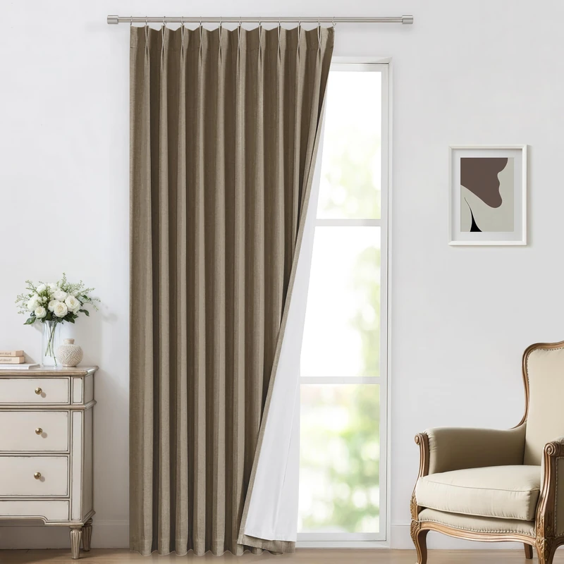Vision Home Brown Pinch Pleated Full Blackout Curtains Linen Blended 60" Wide Thermal Insulated Window Panels 112 inch for Bedroom Living Room Darkening Pleat Drapes with Hooks Back Tab 60" Wx112 Lx1