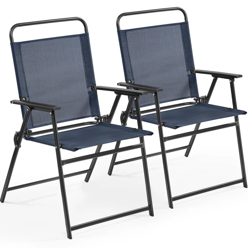 Yaheetech Outdoor Folding Dining Chairs Set of 2 with Armrests, All-weather Patio Garden Chairs with Backrest and Breathable Fabric for Garden, Lawn, Porch, Backyard, Navy Blue