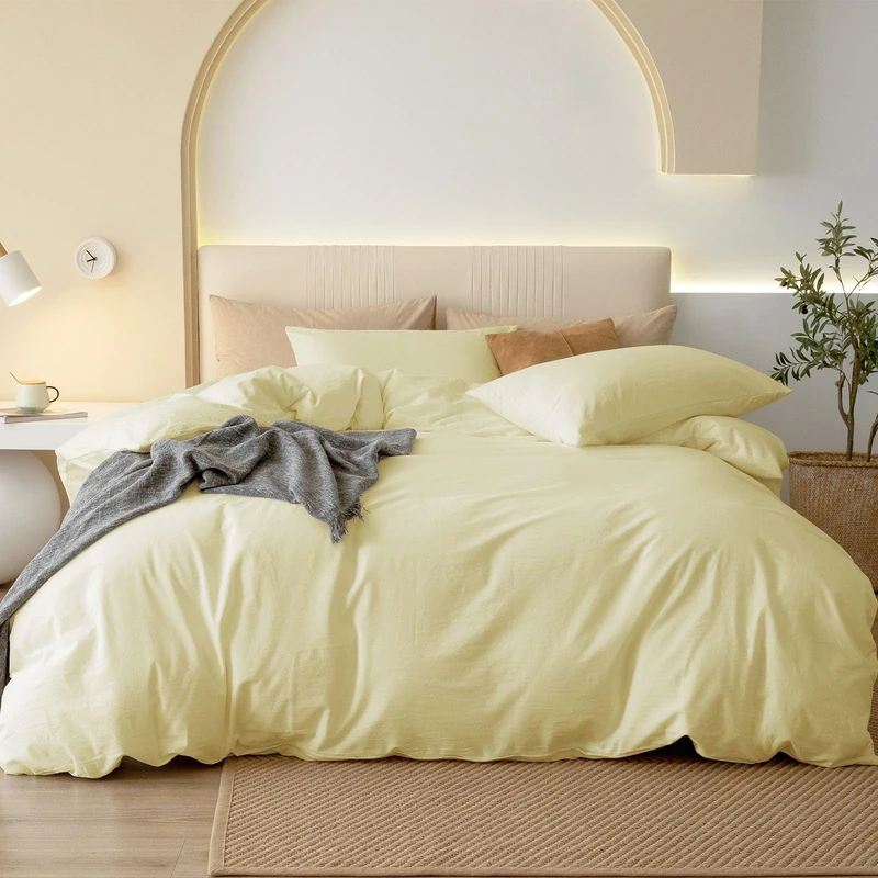 JIYUAN 100% Washed Cotton Duvet Cover Set 3 Pieces Full, 1 Duvet Cover 80x90 Inches(Comforter Not Included) and 2 Pillowcases,Linen Feel Bedding Set Comfy and Breathable,Light Yellow