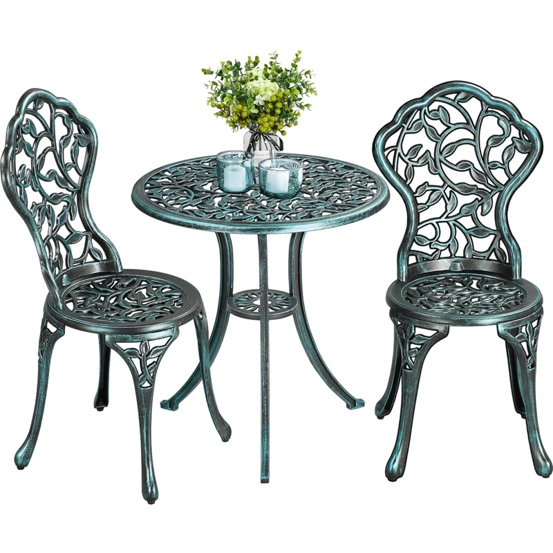 Yaheetech 3-Piece Bistro Dining Set, Outdoor Patio Table and Chairs Antique Aluminium Furniture for Garden Backyard Porch Balcony Lawn Pool, Green