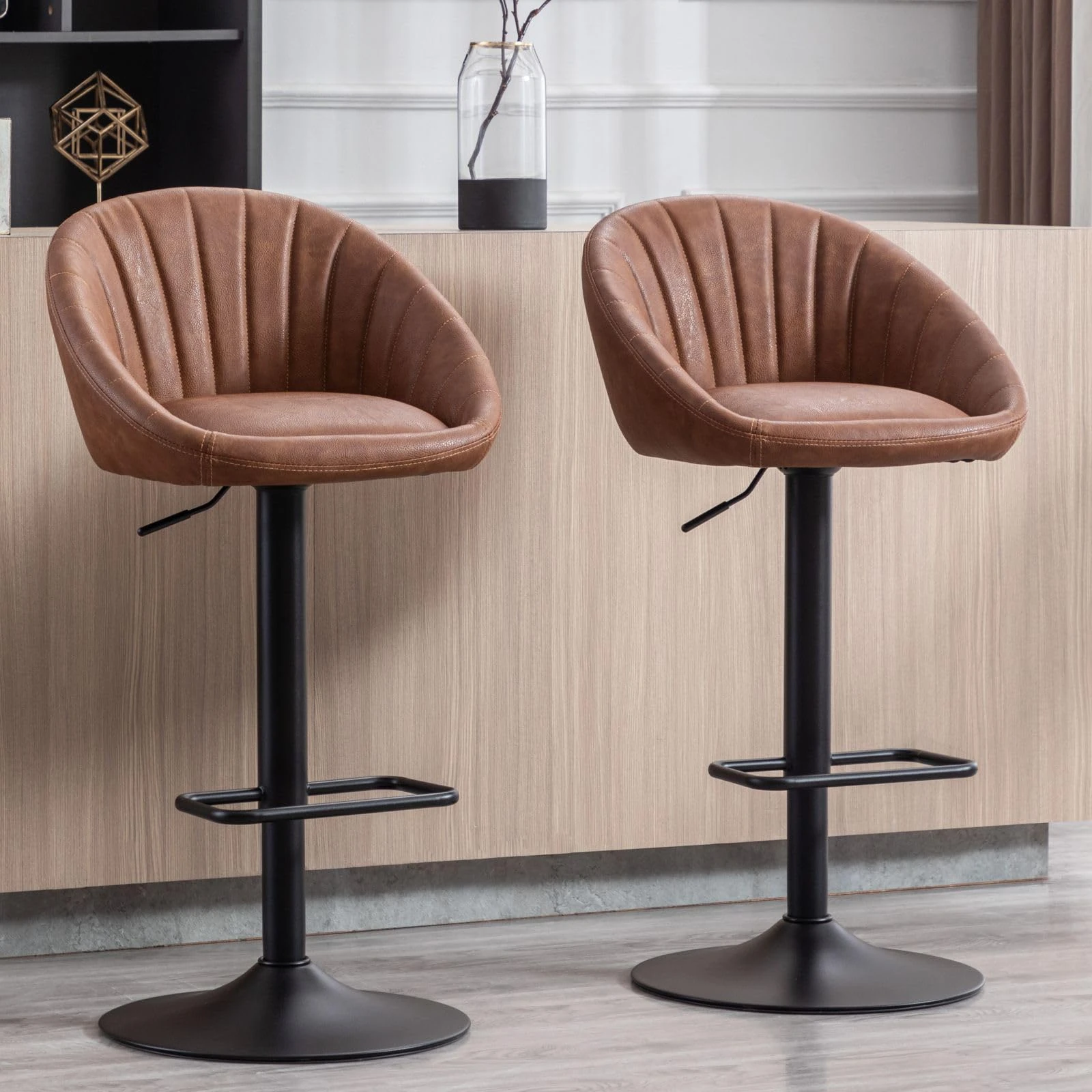 chairus Modern Bar Stools Set of 2 Adjustable Swivel Counter Stools Breakfast Bar Chairs with Metal Base for Kitchen Islands/Home Pub, PU Brown