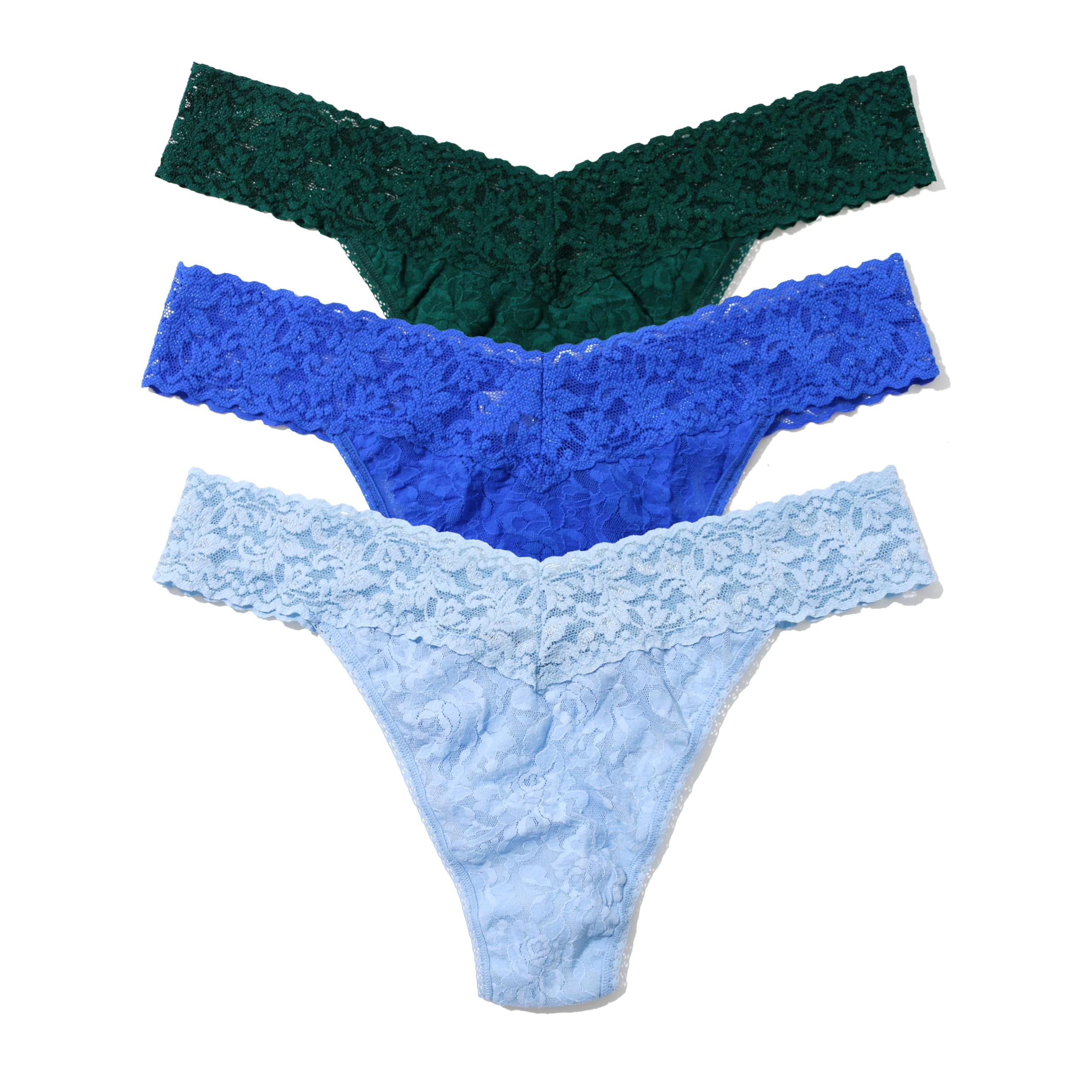 hanky panky - Signature Lace Original Rise Thongs: Summer Edition| One Size 4-14 | Lace Lingerie Underwear | 3 or 5 pack, Sapphire/Clarity/Mountain Green, One size