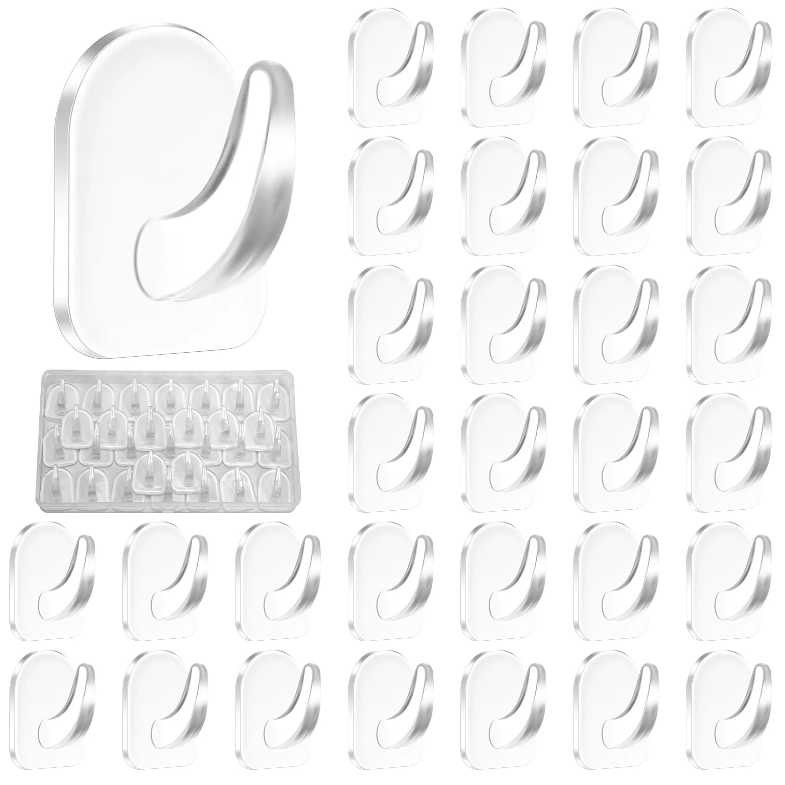 TAIXING 30Pcs Clear Acrylic Sticky Hooks, Super Strong Self Adhesive, Reusable Wall Mounts for Hanging Towels, Keys, Kitchen, Office Decor