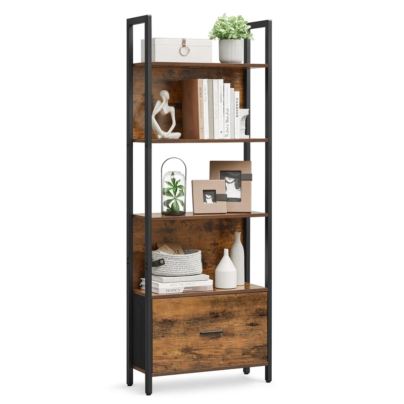 VASAGLE 5 Tier Bookcase Corner Shelf with Drawer Ladder Shelf Industrial Design Steel Frame for Living Room Home Office Bedroom 24 x 60 x 165 cm Vintage Brown/Black LLS147B01