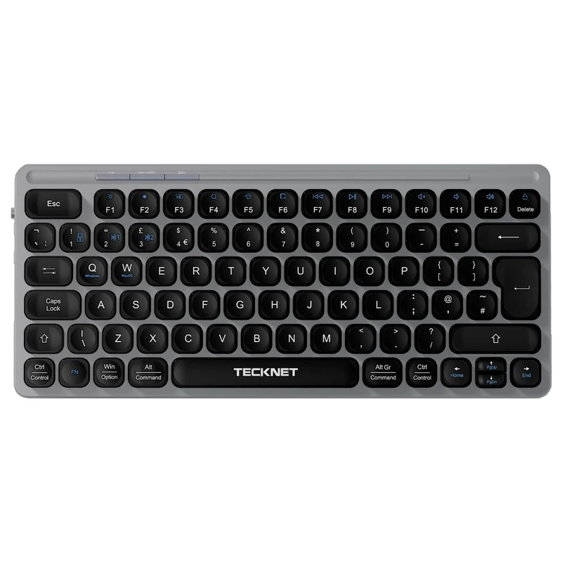 TECKNET Bluetooth Wireless Keyboard - Small Compact Rechargeable 2.4GHz USB Keyboard with 500mAh Battery Capacity for 3 Devices, Widely Compatible with Laptop, PC, UK Layout, Grey