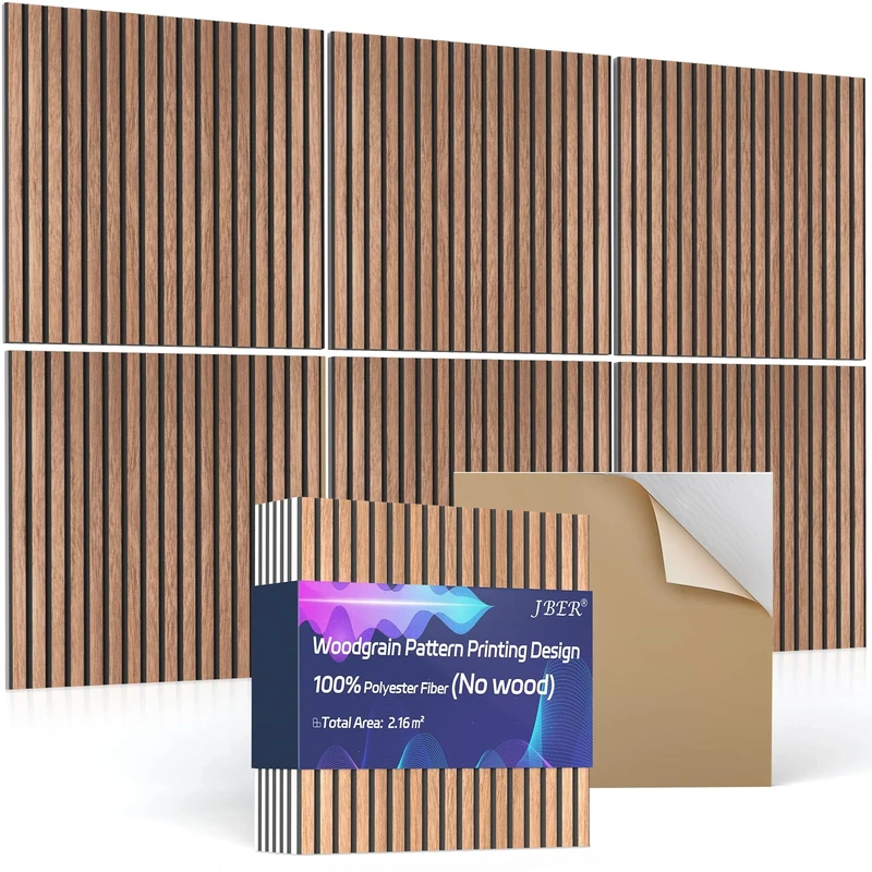 JBER 6Pack Acoustic Panels Self-Adhesive, Sound Proofing Panels for Walls, Decorative High Density Fibreboard Wall Panels, Sound Isolation for Recording Studio, 60×60×1cm, Traditional Walnut Color