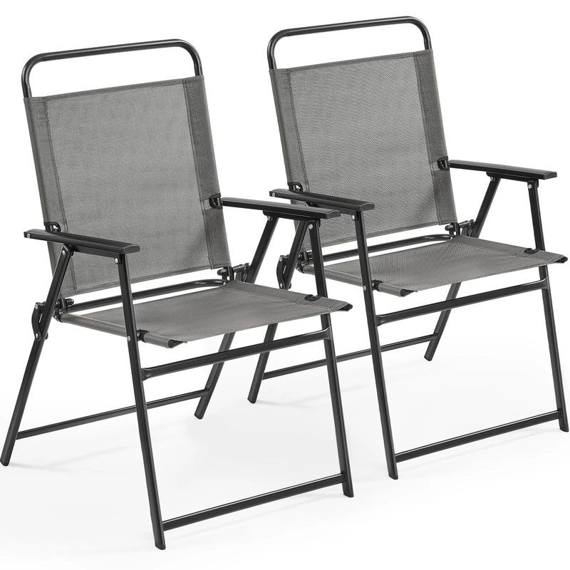 Yaheetech Outdoor Folding Dining Chairs Set of 2 with Armrests, All-weather Patio Garden Chairs with Backrest and Breathable Fabric for Garden, Lawn, Porch, Backyard, Grey