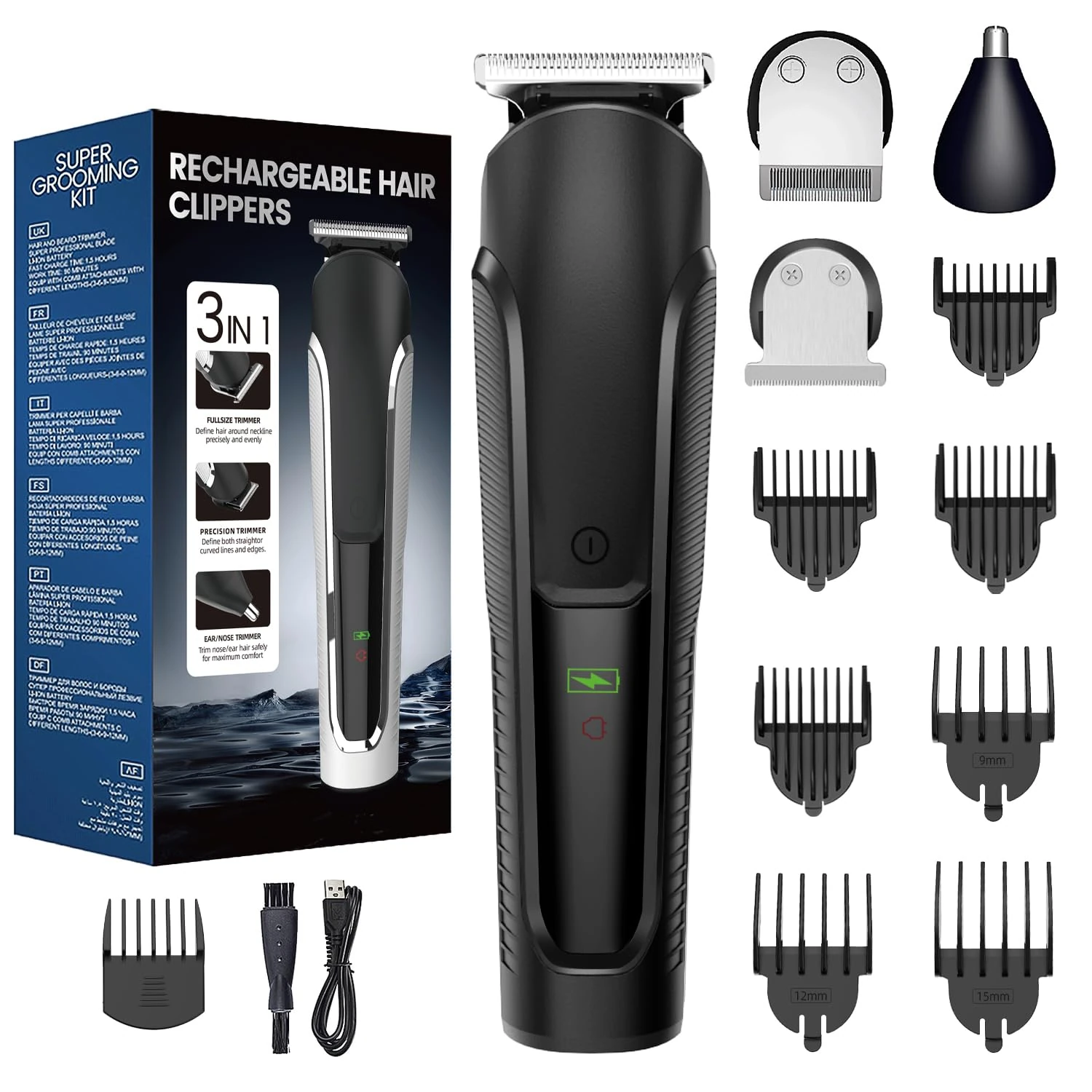 Beard Trimmer Men, Hair Clippers Men, All-in-One Men's Grooming Kit with Nose and Ear, Detail Trimmer, IPX6 Waterproof Professional Cordless Hair Clipper with 4 Limit Combs-Black