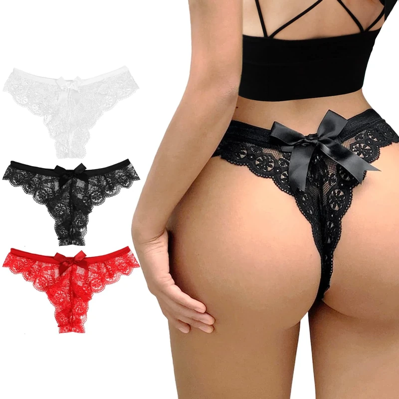Telooco 3 Pack Lace Bow Thongs Women Sexy Panties Low Waist Panties V-Shape Naughty Cheeky Underwear for Bride (Large)