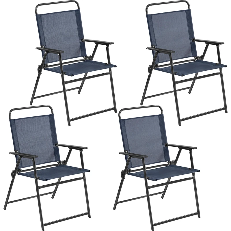Yaheetech Folding Garden Chairs Set of 4, Outdoor Patio Gardern Chairs with Armrest and Steel Frame All-weather for Beach, Yard, Poolside and Camping, Navy Blue