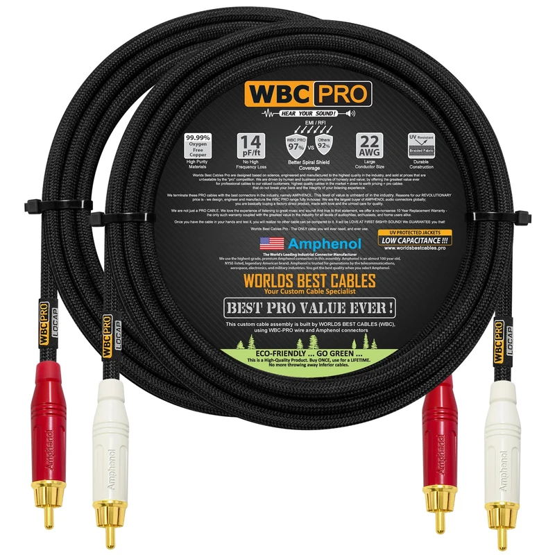 3 Meter RCA Cable Pair - WBC-PRO-LOCAP Low-Capacitance (14pF/ft) 22 AWG Ultra-Silent Audiophile & Professional-grade Audio Interconnect Cable with Amphenol ACPR Gold RCA Plugs & Black Tweed Jacket