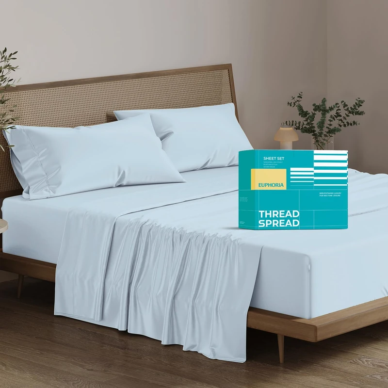THREAD SPREAD 100% Egyptian Cotton Sheets King Size - 800 High Thread Count Sheets King, 4 PC Luxury Hotel King Size Sheets Set, 16" Deep Pocket Sateen Weave Soft Cooling Bed Sheet Sets, Light Blue