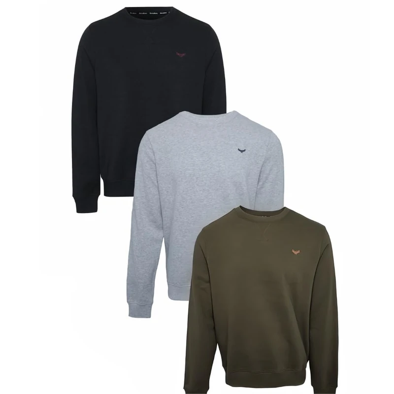 Threadbare 'Citrus' Men's Sweater Crew Neck Fleece Sweatshirt Jumper Top (Pack of 3) Black, Grey Marl, Khaki, L