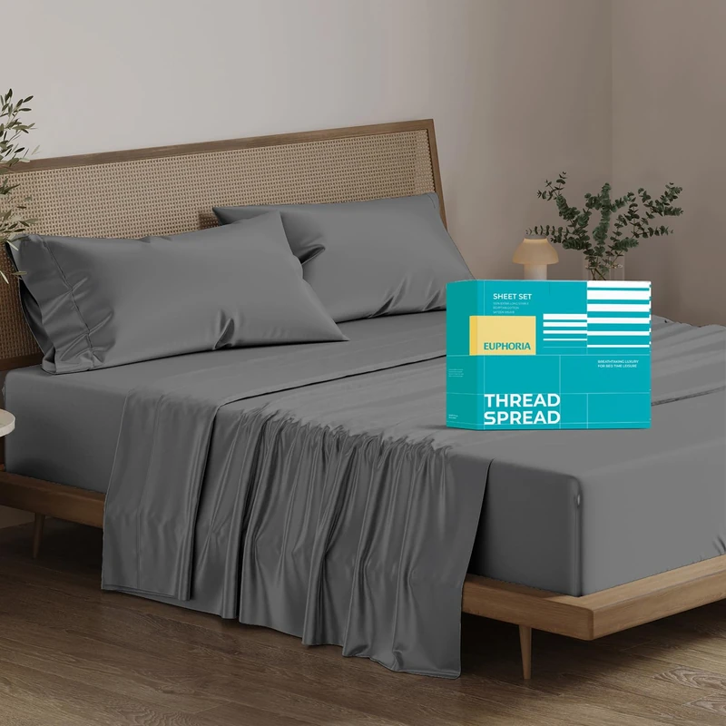 THREAD SPREAD Egyptian Cotton Sheets Queen Size - 800 Series High Thread Count Bed Sheets Queen Size (4 PC, Dark Grey) 16" Deep Pocket, Cooling, Sateen Weave Euphoria Collection Luxury Hotel Bedding