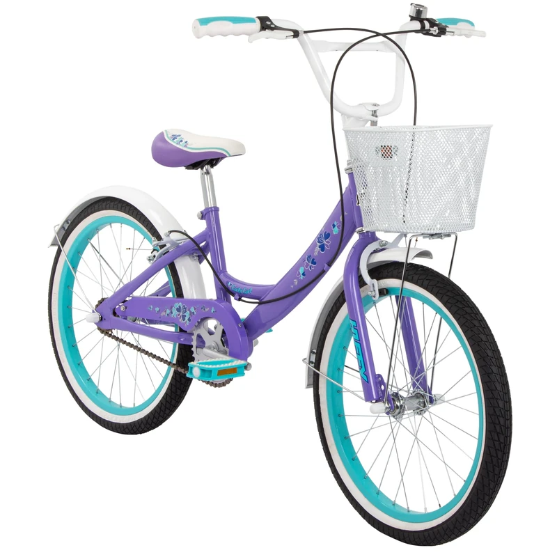 Huffy Girly Girl 20-Inch Cruiser Bike, Basket, Bell, Mudguards, Adjustable Comfort Saddle, Upright Handlebars, Single-Speed, Dual Brakes, Stylish Girls’ Bike for Ages 5-9, Gloss Purple