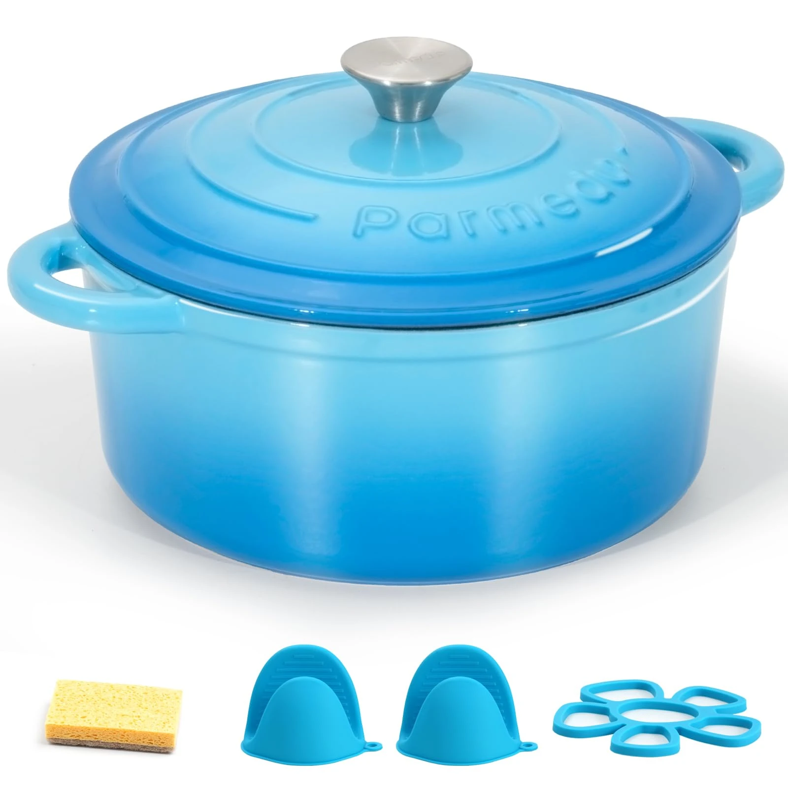 Parmedu Enameled Cast Iron Pot: 5.2 L Heavy Duty Dutch Oven with Lid and Dual Handles in Blue - Silicone Accessories and Sponge Included, Ideal for Braising, Stewing, Roasting and Baking, Ocean Blue