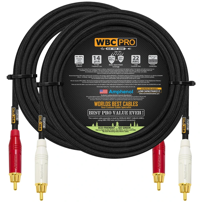 5 Meter RCA Cable Pair - WBC-PRO-LOCAP Low-Capacitance (14pF/ft) 22 AWG Ultra-Silent Audiophile & Professional-grade Audio Interconnect Cable with Amphenol ACPR Gold RCA Plugs & Black Tweed Jacket