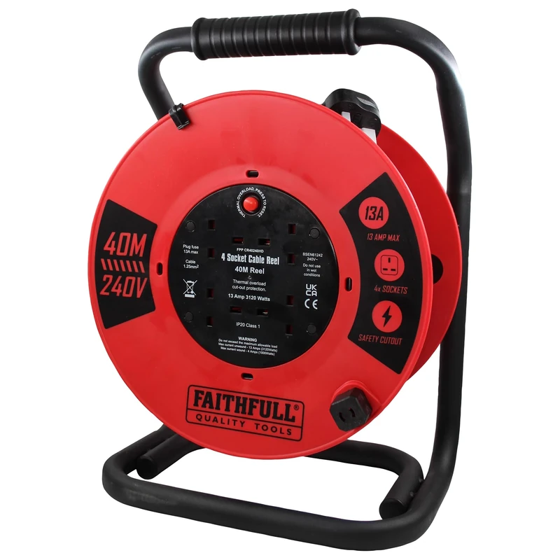 Faithfull 40M Open Cable Reel, 4 Socket Extension Lead with Winding Handle - 240V, 13A