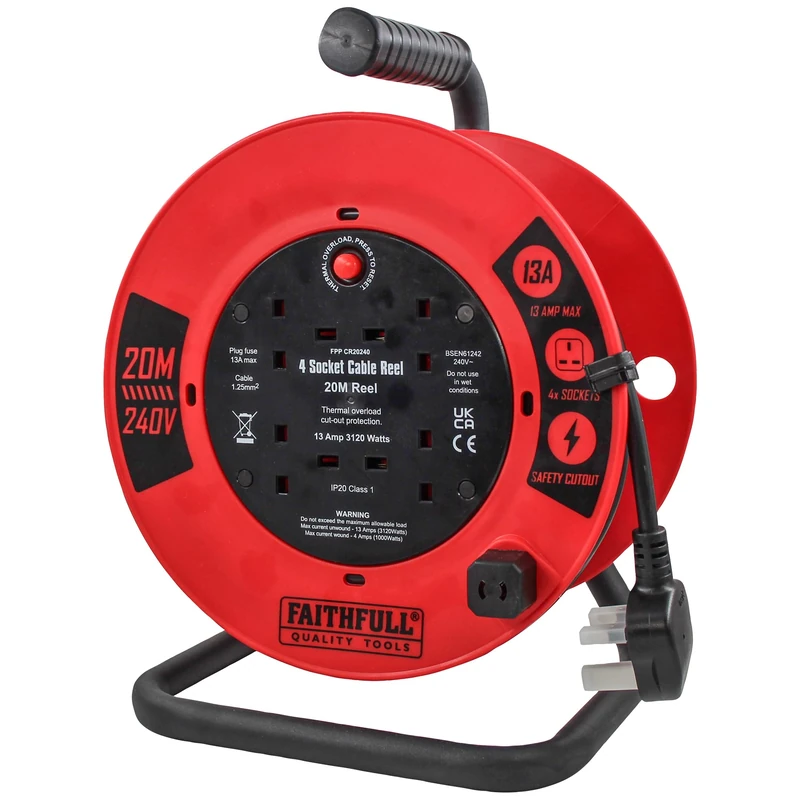 Faithfull 20M Open Cable Reel, 4 Socket Extension Lead with Winding Handle - 240V, 13A