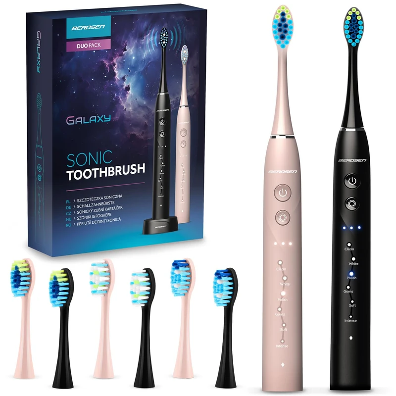 Berdsen Electric Toothbrush - Twin Pack - Sonic Toothbrushes - 6 Cleaning Modes - 3 Intensity Levels - 6 Brush Heads - Black - Pink - Image 1