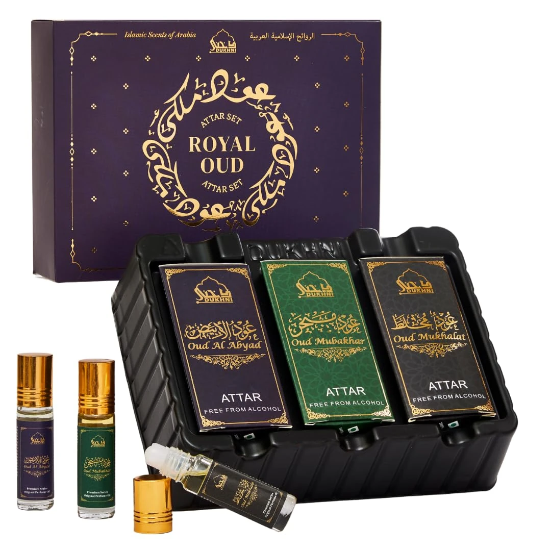 Royal Oud Attar Oil Set by Dukhni | Pure original Oud oil, Islamic fragrances, Eid & Ramadan gifts for men and women | 3 assorted mini roll on perfume scents x 6ml | Arabian oud oil, arab perfumes