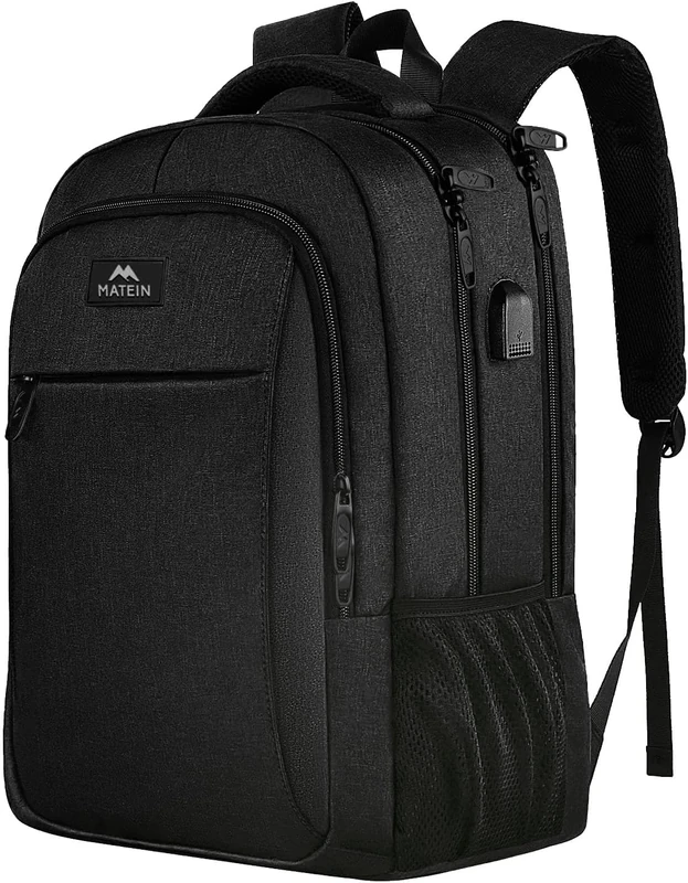 MATEIN Travel Laptop Backpack, Work Bag Lightweight Laptop Bag with USB Charging Port, Anti Theft Business Backpack, Water Resistant School Rucksack Gift for Men and Women, Fits 15.6 Inch, Dark Black