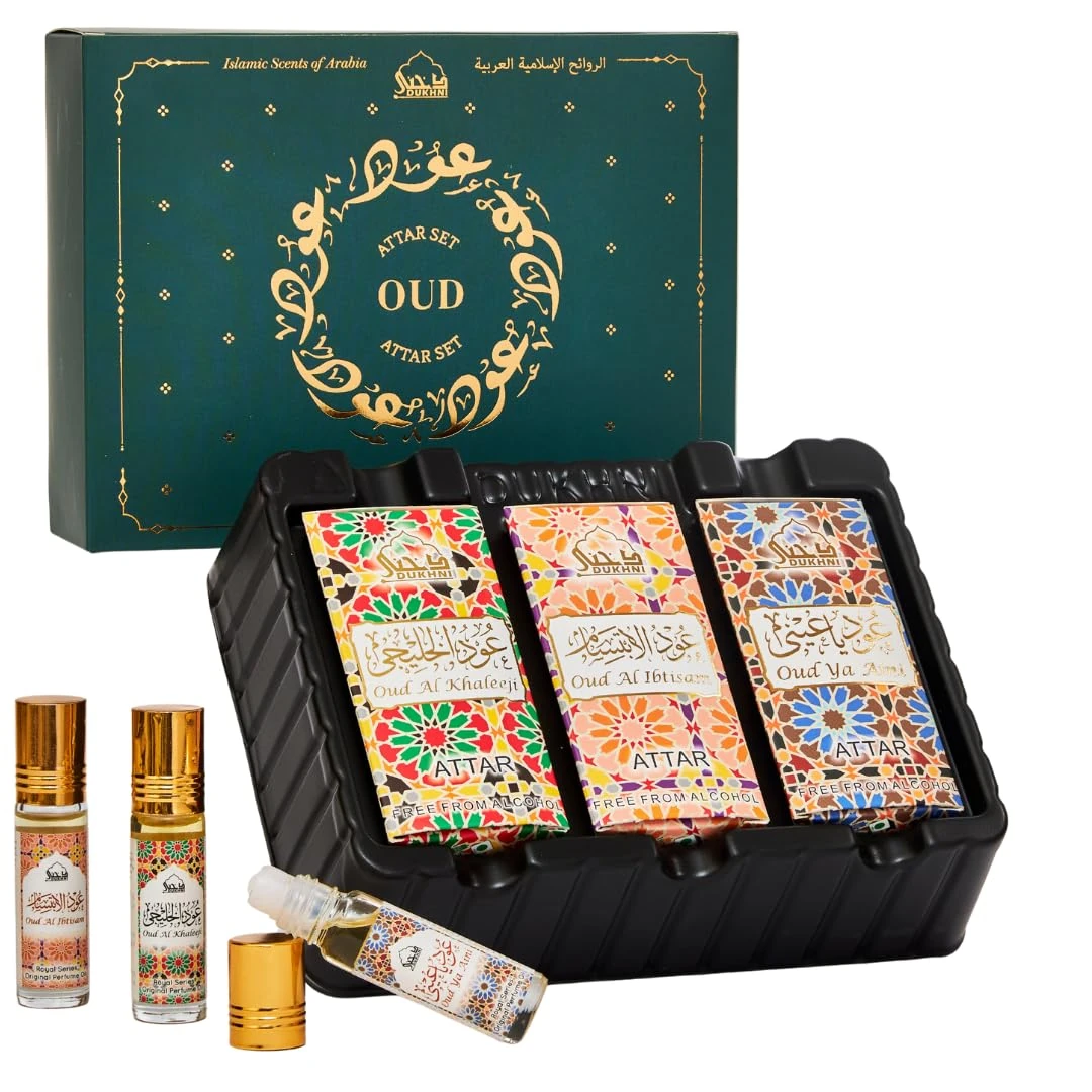 Oud Attar Oil Set by Dukhni | Arab perfume oils for men and women | 3 assorted roll on perfume scents x 6ml | Arabic oudh oil fragrances | Eid, Ramadan Gift Set, Halal & Vegan Islamic Fragrances