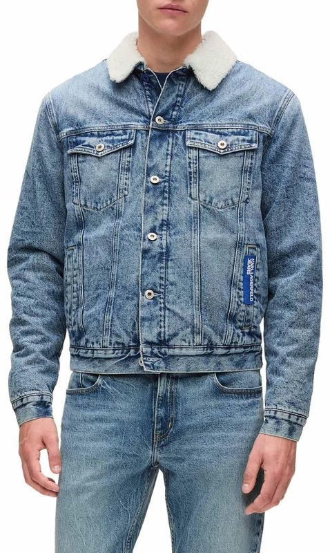 KARL LAGERFELD JEANS Men Regular Shearling Denim Jacket Washed Mid Blue XXL