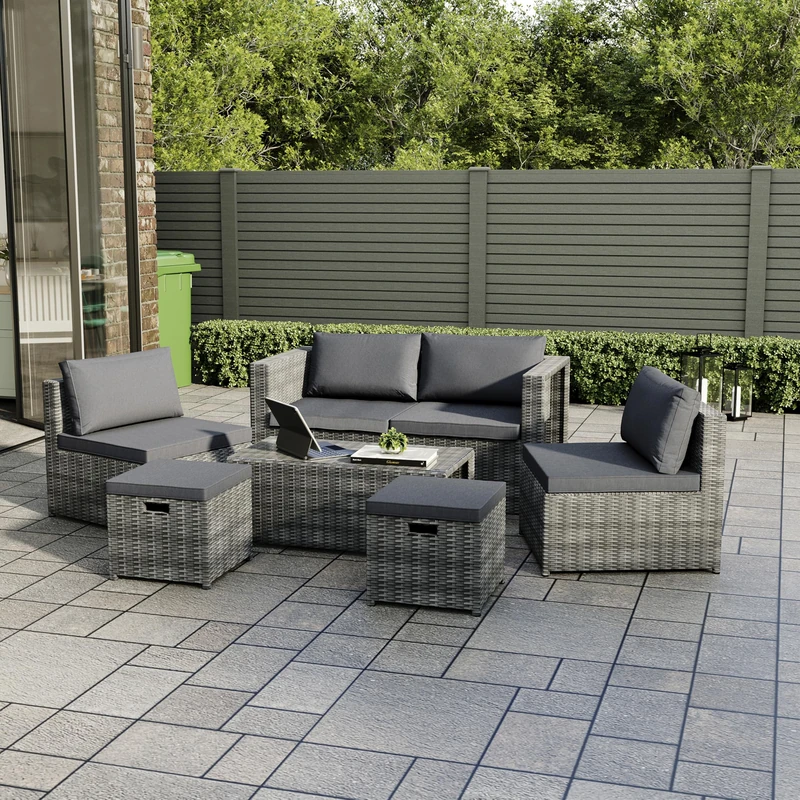 Garden Vida Islay 6 Seater Rattan Seating Set – Grey – Complete Outdoor Garden Furniture Set – Steel Frame & PE Wicker Construction – UKFR Certified, Weather Resistant, With Cushions