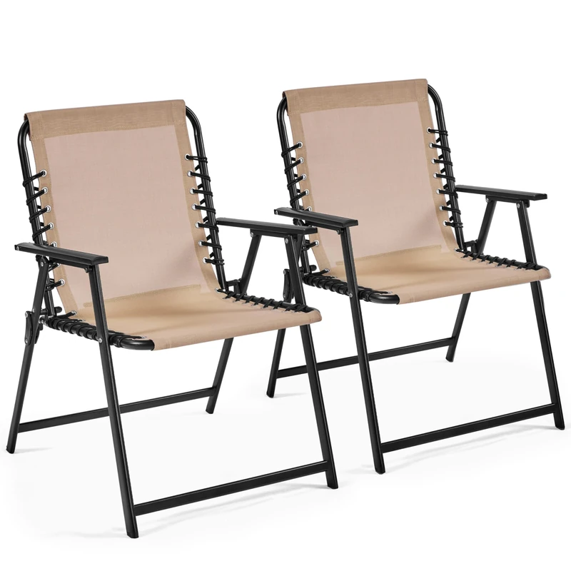 Yaheetech Folding Outdoor Chairs Set of 2 with Metal Frame, All Weather Foldable Dining Chairs with Backrest and Armrest for Garden, Lawn, Yard and Beach, Beige