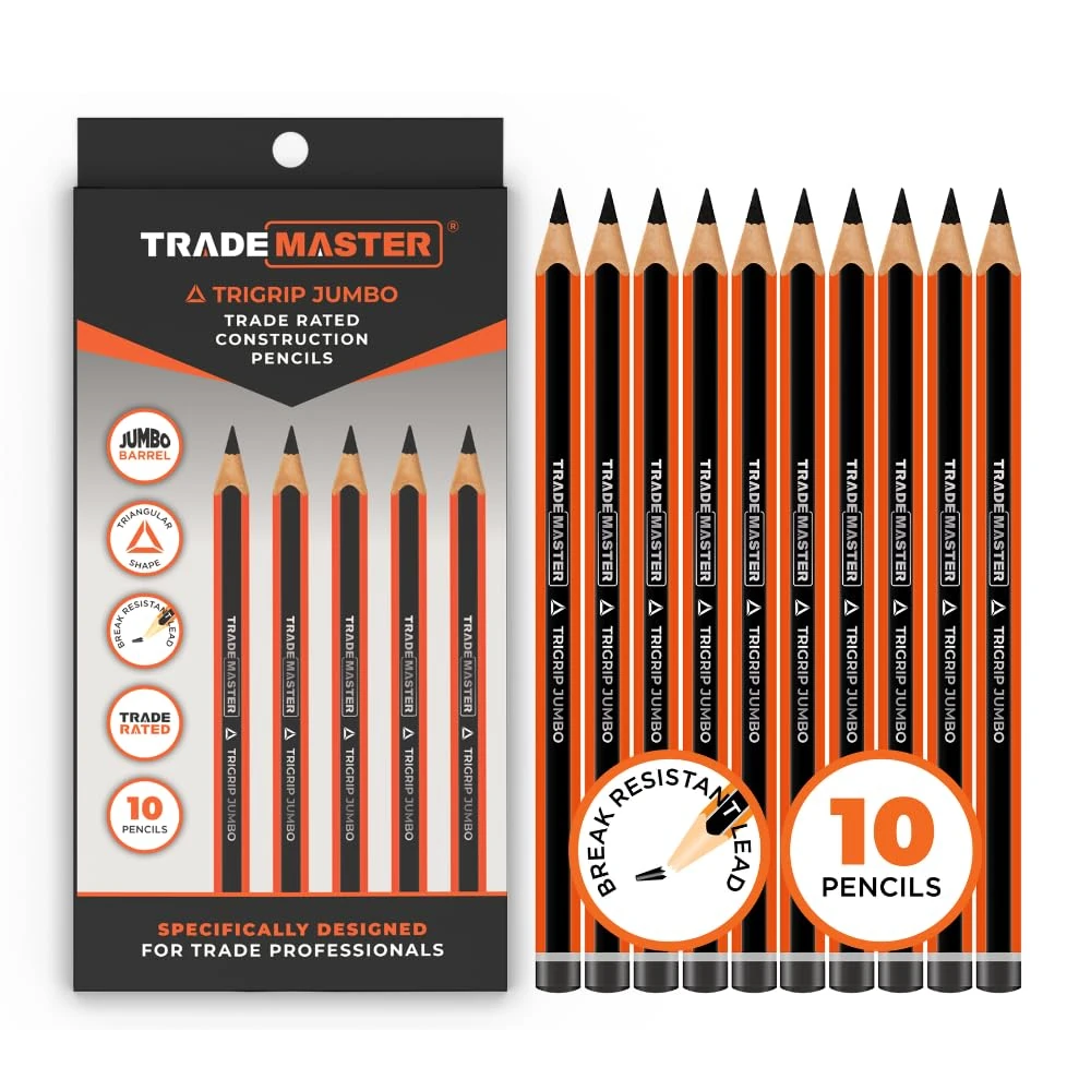 TRADEMASTER Carpenters Pencils Pack of 10 | Builders Pencil with TriGrip Jumbo Barrel - Construction Pencils Having Hard Lead for Marking Wood, Brick, Concrete & Plasterboard | Work Pencil for Builder