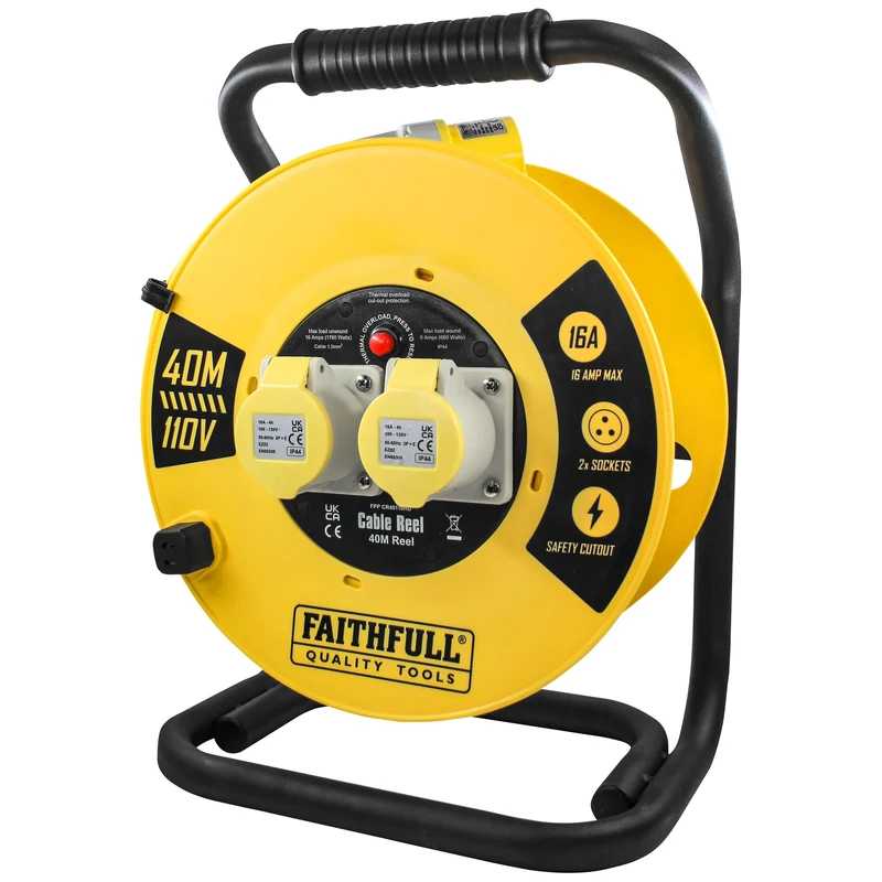Faithfull 40M Open Cable Reel, 2 Socket Extension Lead with Protection Flaps & Winding Handle - 110V, 16A