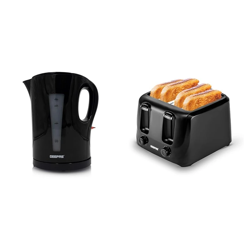 Geepas Cordless Electric Kettle & 4 Slice Bread Toaster Kitchen Combo Set | 1.7L 2200W Fast Boil Kettle |1400W Fast Toaster with 6 Level Browning Control | 2 Year Warranty, Black