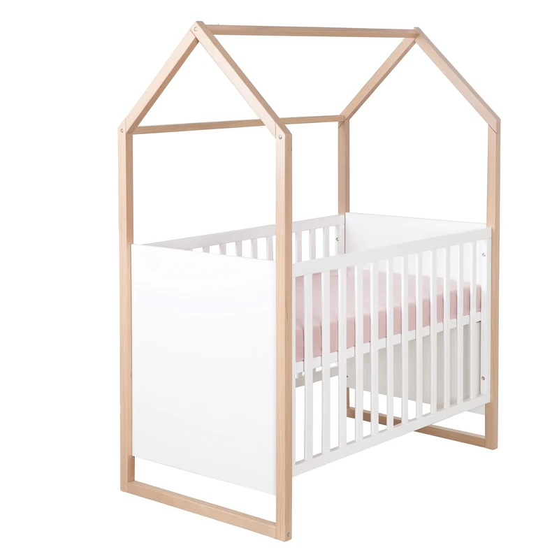 roba 2-in-1 Baby & Co-Sleeping Bed Cabane in House Design - 60 x 120 cm - 6-Height Adjustable - 5 Removable Bars - Bicolor - Natural Wood + White