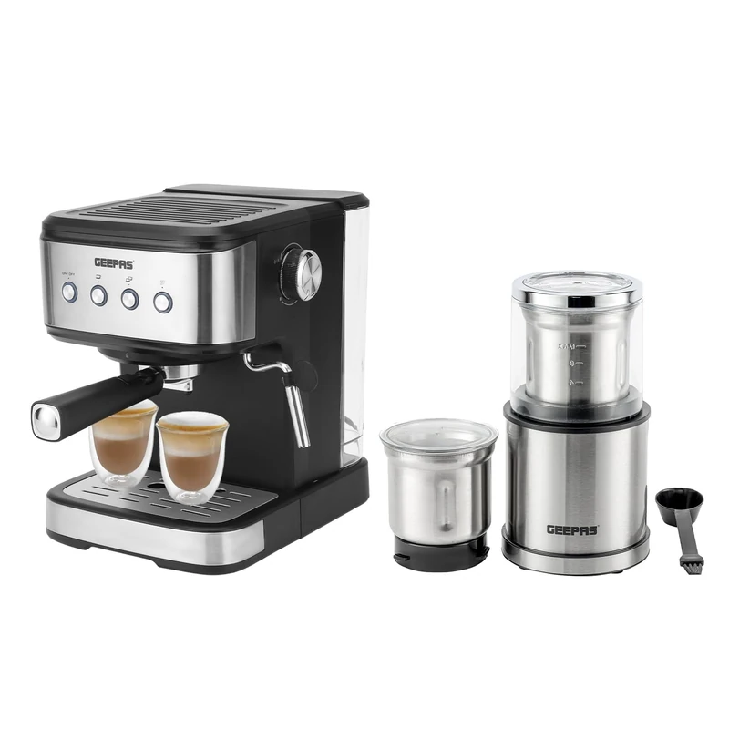 GEEPAS 1100W Espresso & Cappuccino Coffee Machine & 200W Coffee Grinder Combo Set | Milk Frother, 1.5L Water Tank | Electric Wet & Dry Food Processor Mill for Spice Nuts Chutney, 75g Detachable Bowl - Image 1