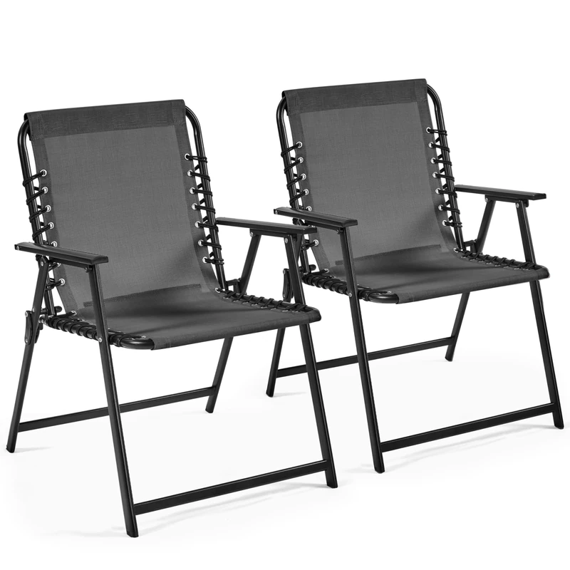 Yaheetech Folding Outdoor Chairs Set of 2 with Metal Frame, All Weather Foldable Dining Chairs with Backrest and Armrest for Garden, Lawn, Yard and Beach, Dark Grey