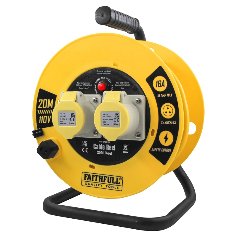 Faithfull 20M Open Cable Reel, 2 Socket Extension Lead with Protection Flaps & Winding Handle - 110V, 16A