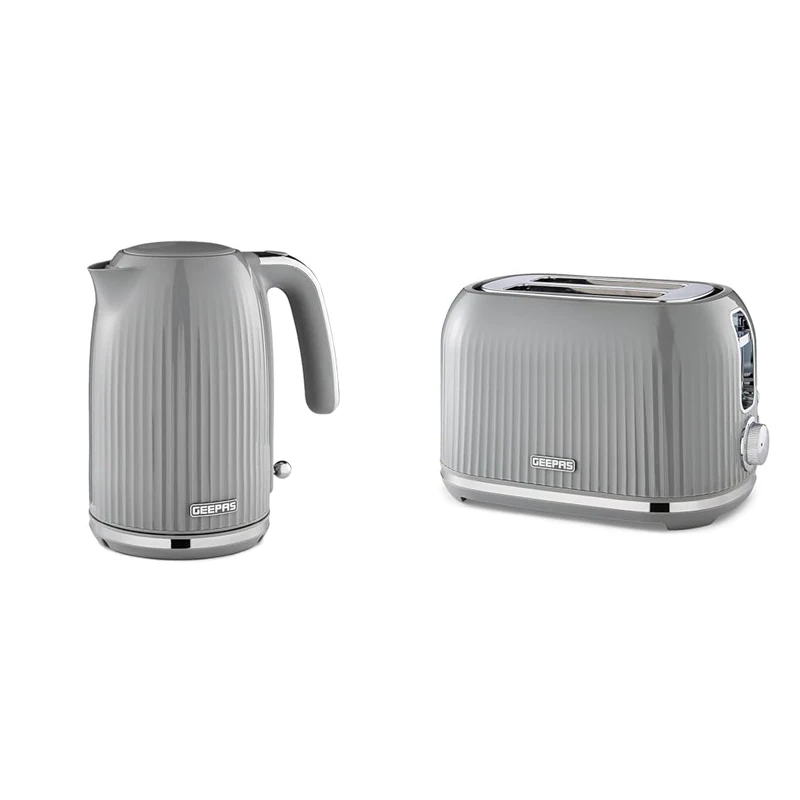 Geepas 2 Slice Bread Toaster & 1.7L Cordless Electric Kettle Combo Set – 1750W Toastie Machine with 7 Browning Control - 3000W Kettle with Auto Shut Off & Boil Dry Protection, Grey