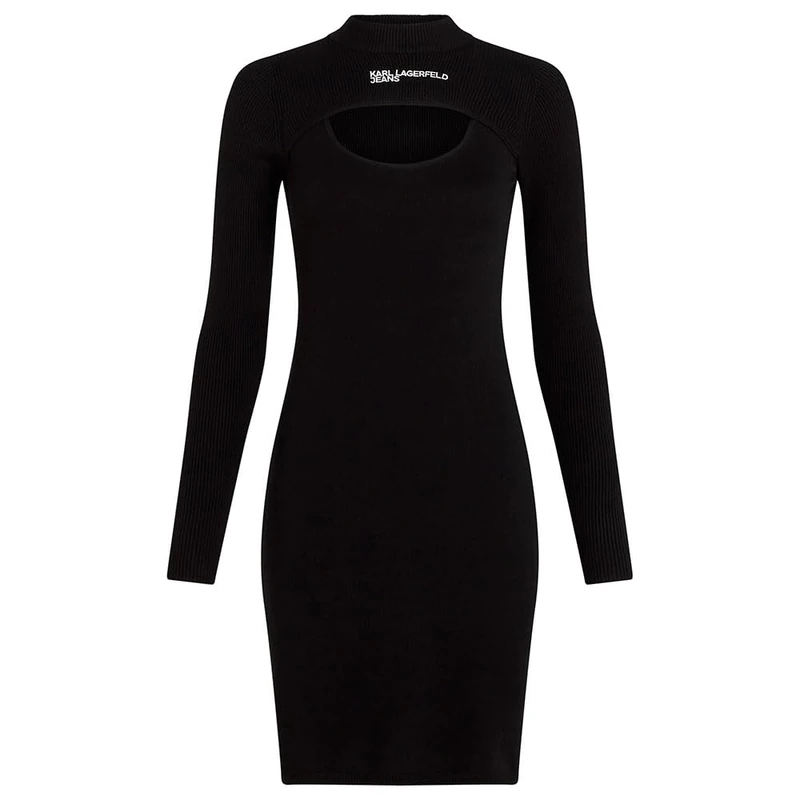 KARL LAGERFELD JEANS, Women's, Long Sleeve Knitted Logo Dress, Bodycon Fit, Black, M