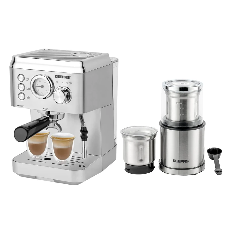 GEEPAS 1140W Espresso & Cappuccino Coffee Machine & 200W Coffee Grinder Combo Set | Milk Frother, 1.8L Water Tank | Electric Wet & Dry Food Processor Mill for Spice Nuts Chutney, 75g Detachable Bowl