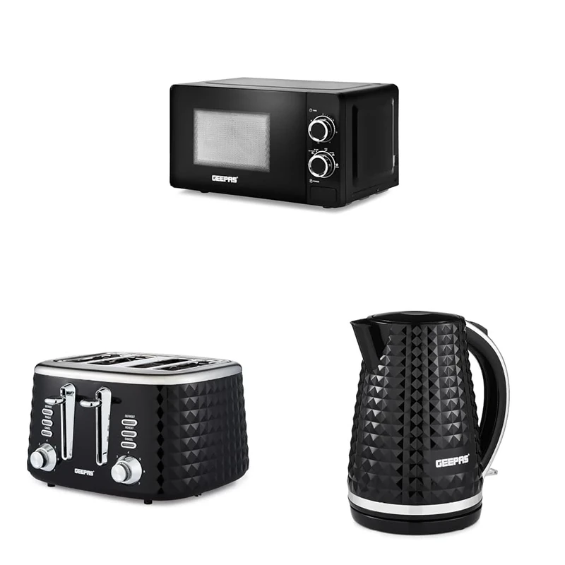 Geepas Electric Kettle 4 Slice Bread Toaster & Microwave Kitchen Set | 2200W 1.7L Textured Cordless Kettle | 1750W Toaster with 7 Level Browning Control | 700W Solo Manual Dial Microwave 20L | Black