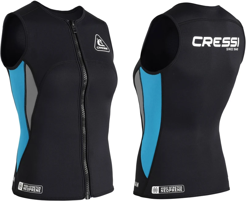 CRESSI Guardian Lady Neoprene Zipper Vest Black/Aquamarine 2mm S/2 - Double-lined 2mm Neoprene Vest with Zip, for Swimming, Snorkeling and other Water Sports, Black/Aquamarine, S/2, Women's