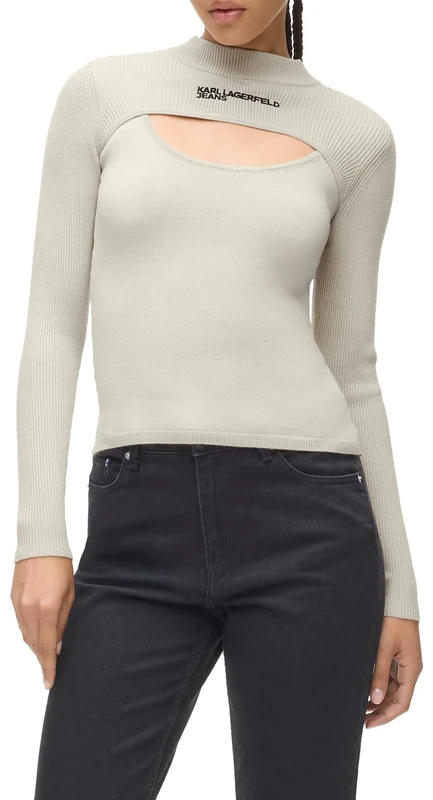 KARL LAGERFELD JEANS, Women's, Cut Out Mock Neck Sweater, Slim Fit, Beige, XL