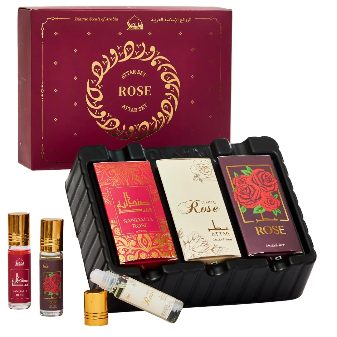 Dukhni Rose Attar Oil Set | Authentic Arabic Fragrance Oils | 100% Pure, Alcohol-Free Original Gulab Attar Blends | Rose, White, Sandalia Gulab - 6ml each