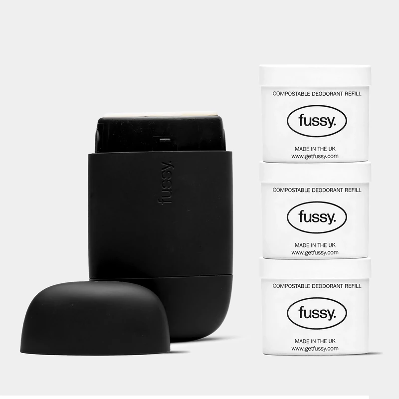 Fussy - Mens Natural Refillable Deodorant - Aluminium Free - 24 Hour Protection - Midnight Black Case & Variety Refill Pack (3 x 40g) - Wilderness, Wavy Days & Forest Haze - Vegan & Cruelty Free