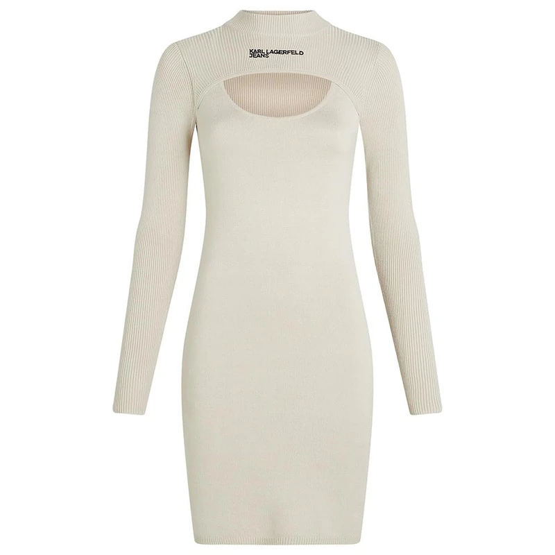 KARL LAGERFELD JEANS, Women's, Long Sleeve Knitted Logo Dress, Regular Fit, Beige, XS